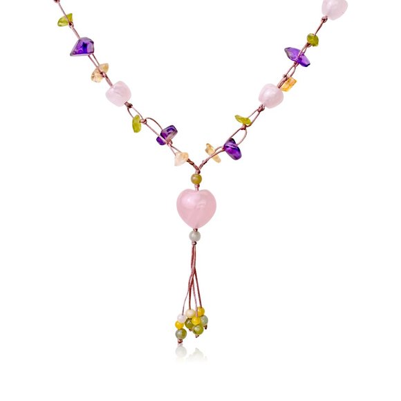 Playful Rose Quartz Hearts Gemstones Necklace Pendant - Picture 3 of 3